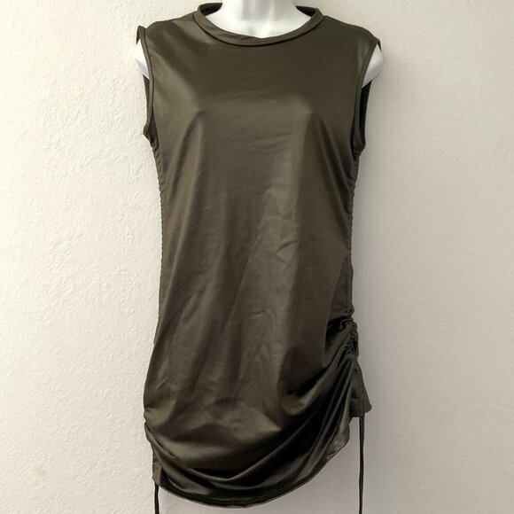 GREEN PU LEATHER BODYCON DRESS SIDE DRAWSTRING SLEEVELESS TANK DRESS PARTY - Picture 4 of 14